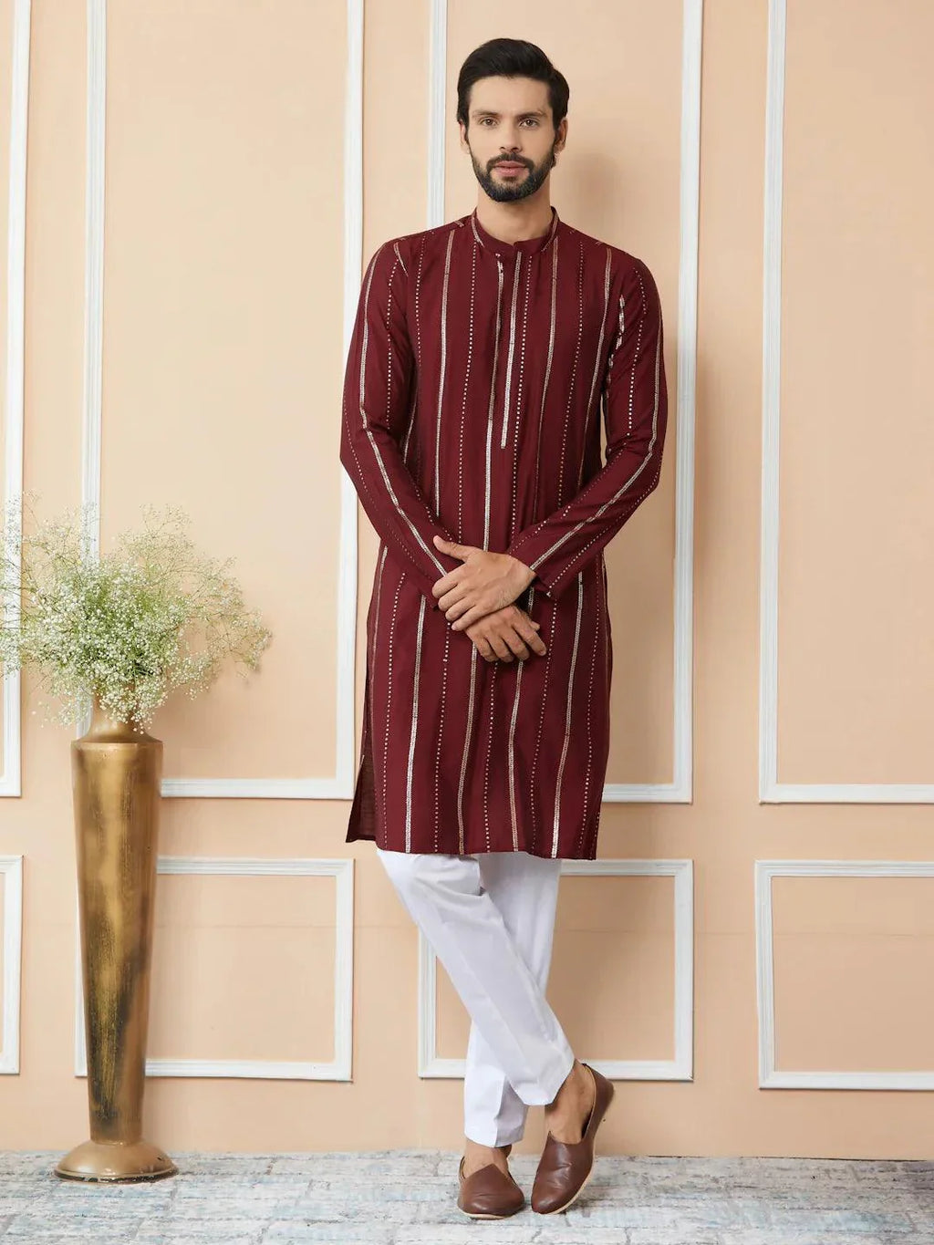 Fabmade Maroon Sequins Embroidered Pure Chanderi Silk Straight Kurta Pyjama | Grocsy
