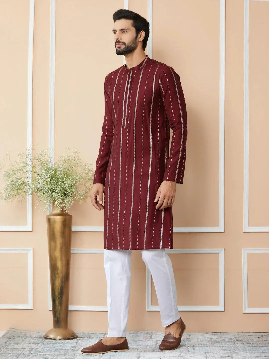 Fabmade Maroon Sequins Embroidered Pure Chanderi Silk Straight Kurta | Grocsy