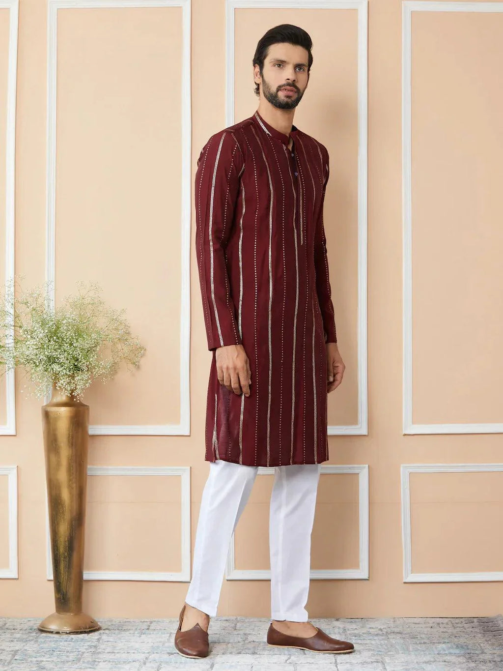 Fabmade Maroon Sequins Embroidered Pure Chanderi Silk Straight Kurta Pyjama | Grocsy