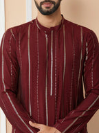Fabmade Maroon Sequins Embroidered Pure Chanderi Silk Straight Kurta Pyjama | Grocsy