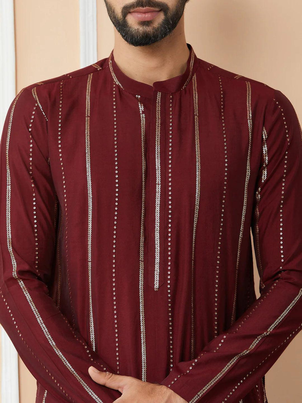 Fabmade Maroon Sequins Embroidered Pure Chanderi Silk Straight Kurta | Grocsy