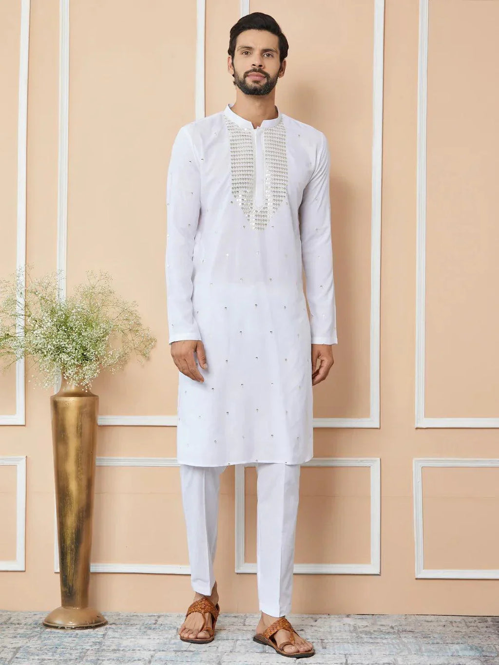 Fabmade White Sequins Embroidered Rayon Straight Kurta With Yoke Design | Grocsy