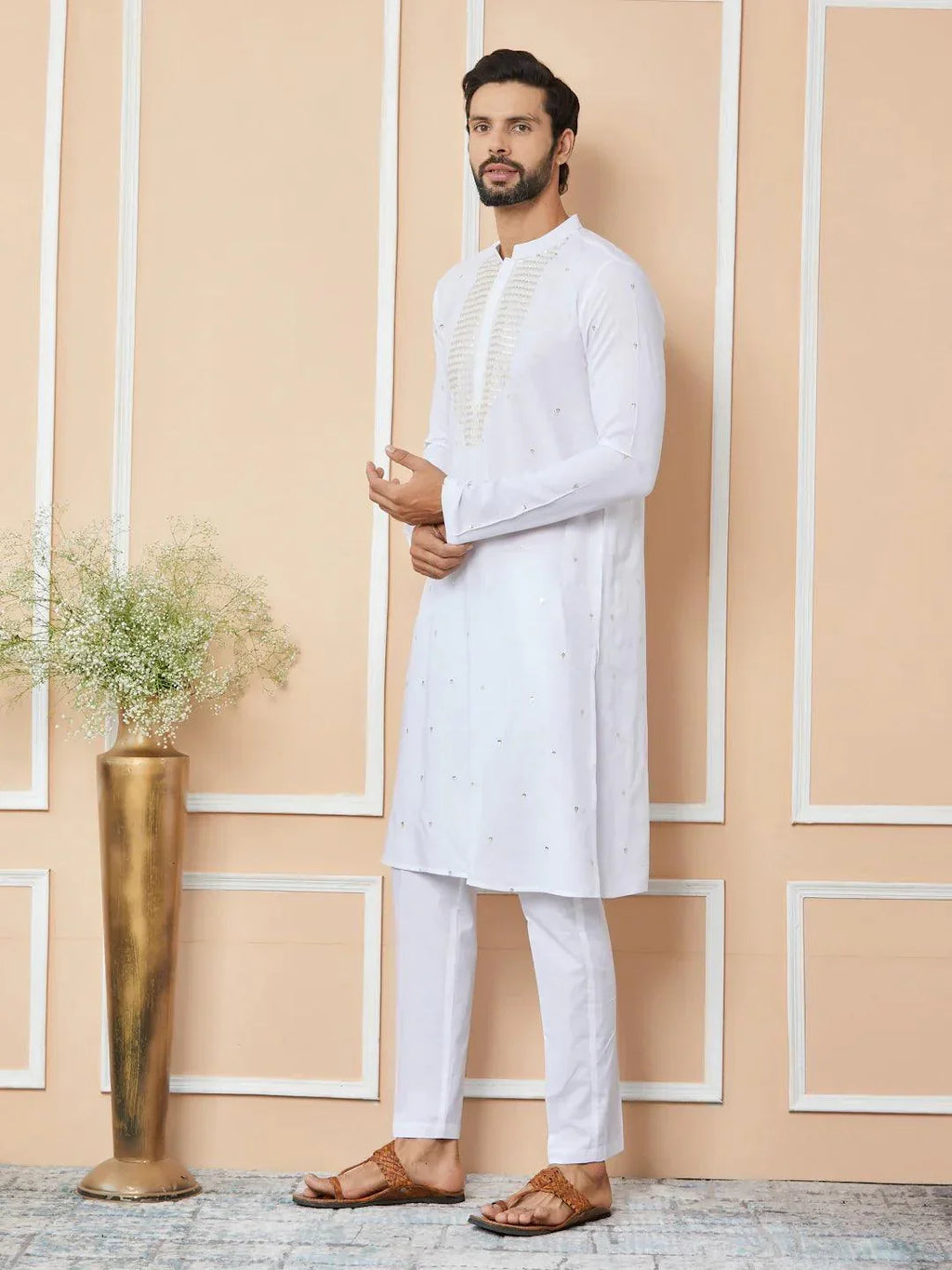 Fabmade White Sequins Embroidered Rayon Straight Kurta With Yoke Design | Grocsy