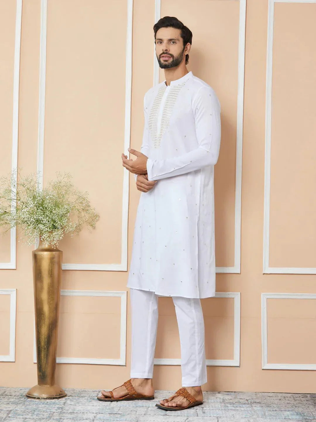 Fabmade White Sequins Embroidered Rayon Straight Kurta With Yoke Design | Grocsy