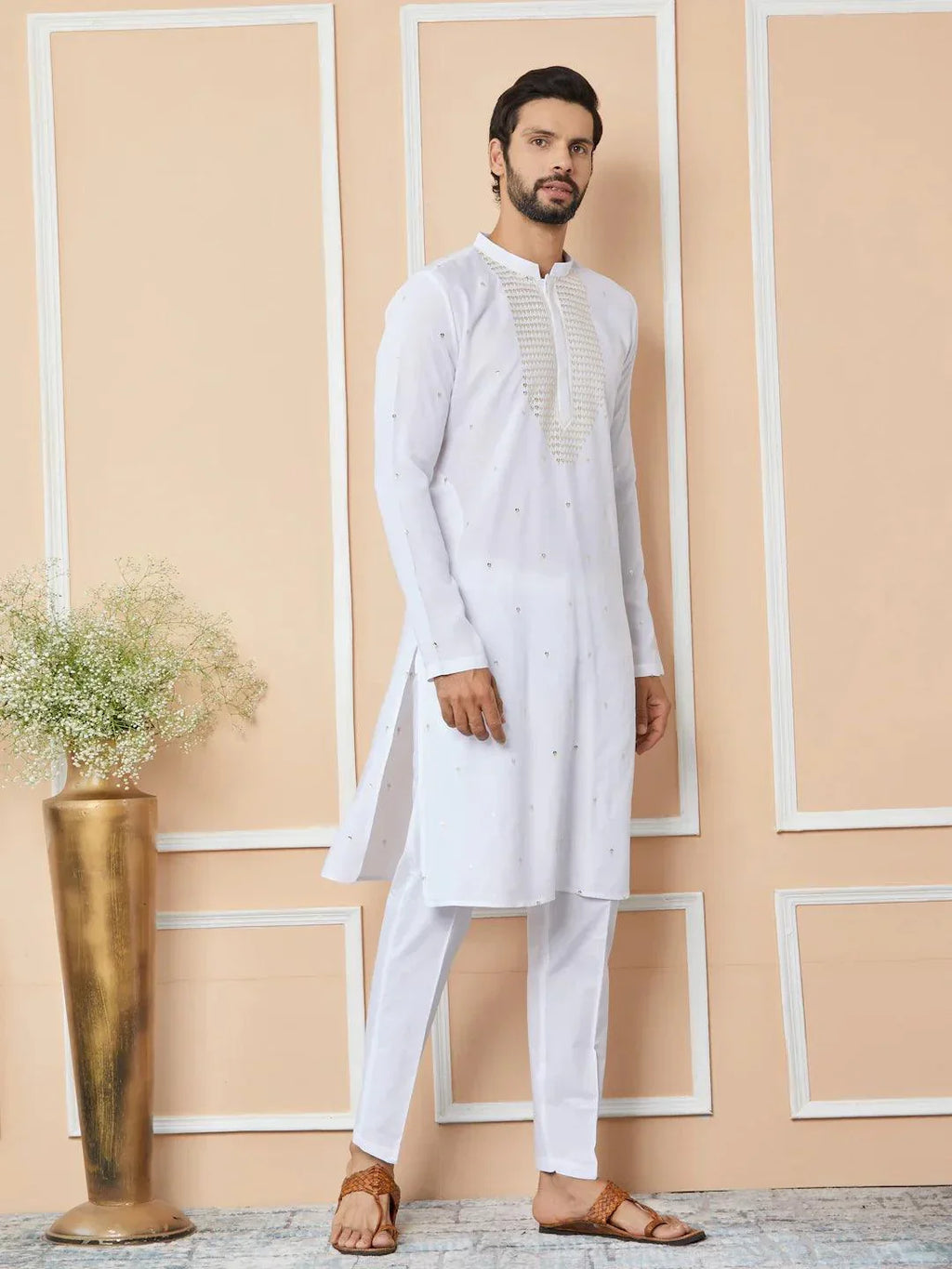 Fabmade White Sequins Embroidered Rayon Straight Kurta With Yoke Design | Grocsy