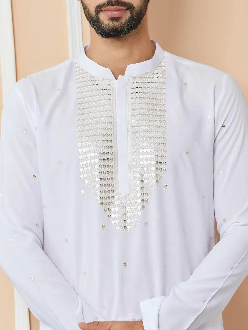 Fabmade White Sequins Embroidered Rayon Straight Kurta With Yoke Design | Grocsy