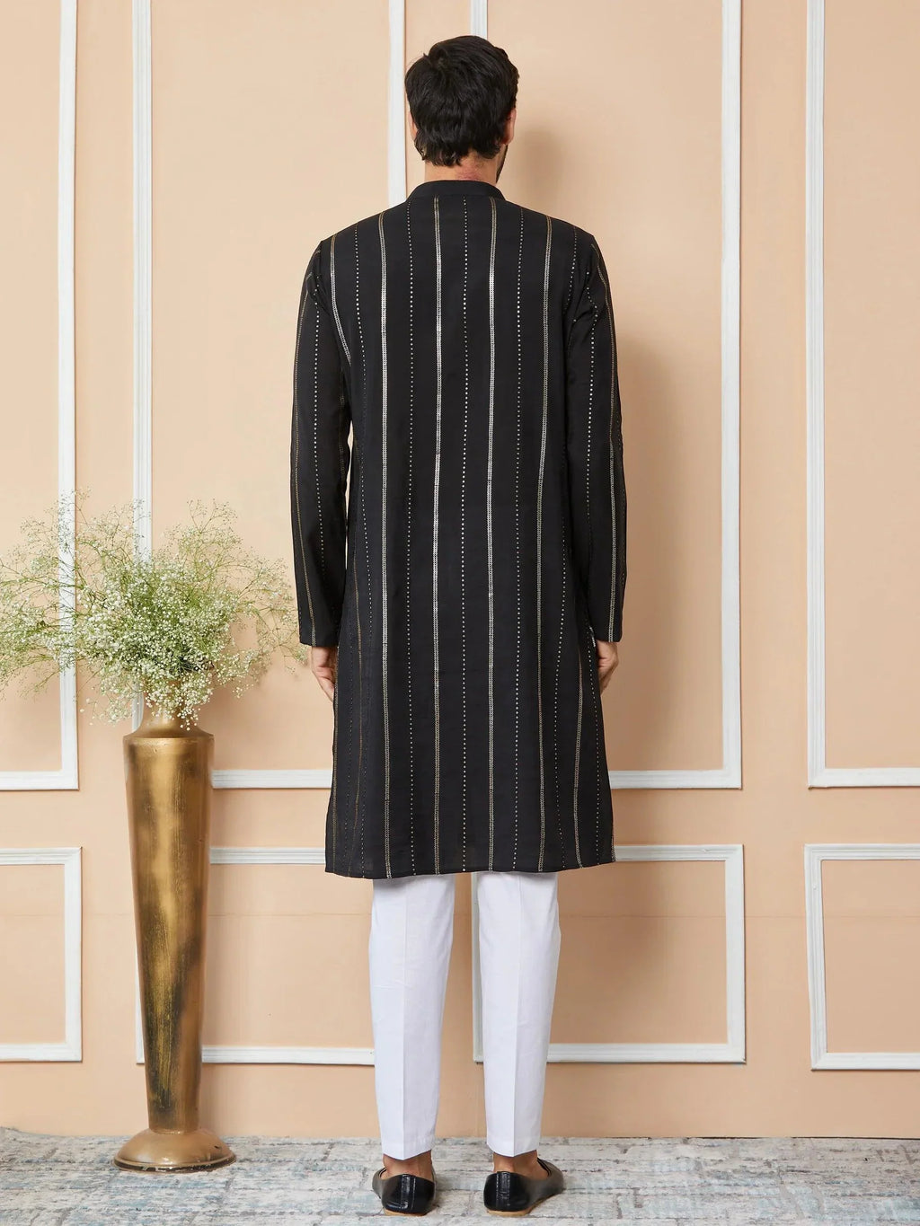 Fabmade Mandarin Collar Long Sleeves Sequined Straight Kurta | Grocsy