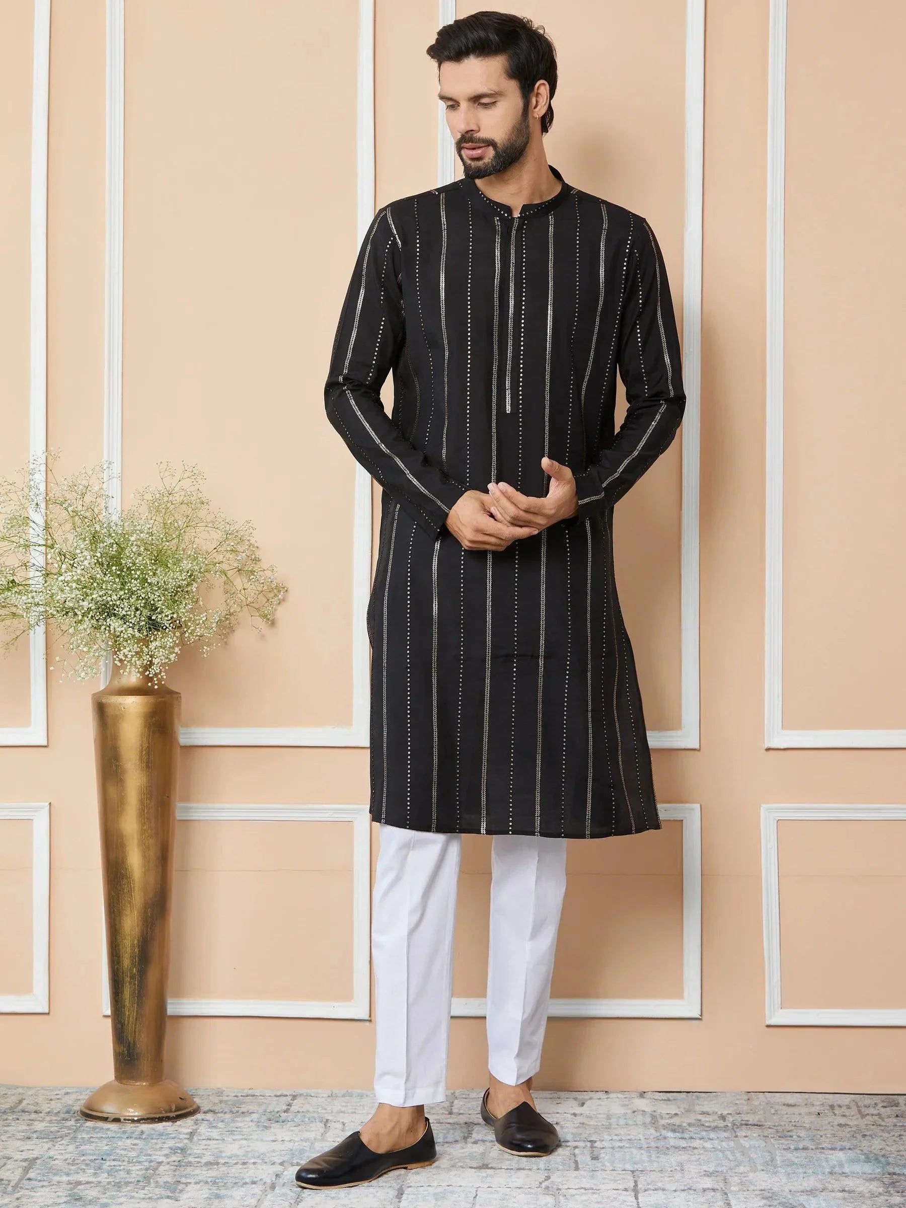 Fabmade Mandarin Collar Long Sleeves Sequined Straight Kurta | Grocsy