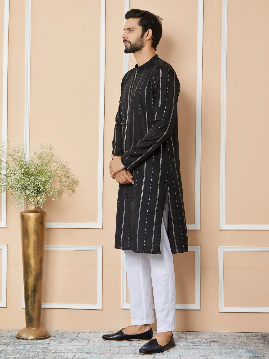 Fabmade Mandarin Collar Long Sleeves Sequined Straight Kurta | Grocsy