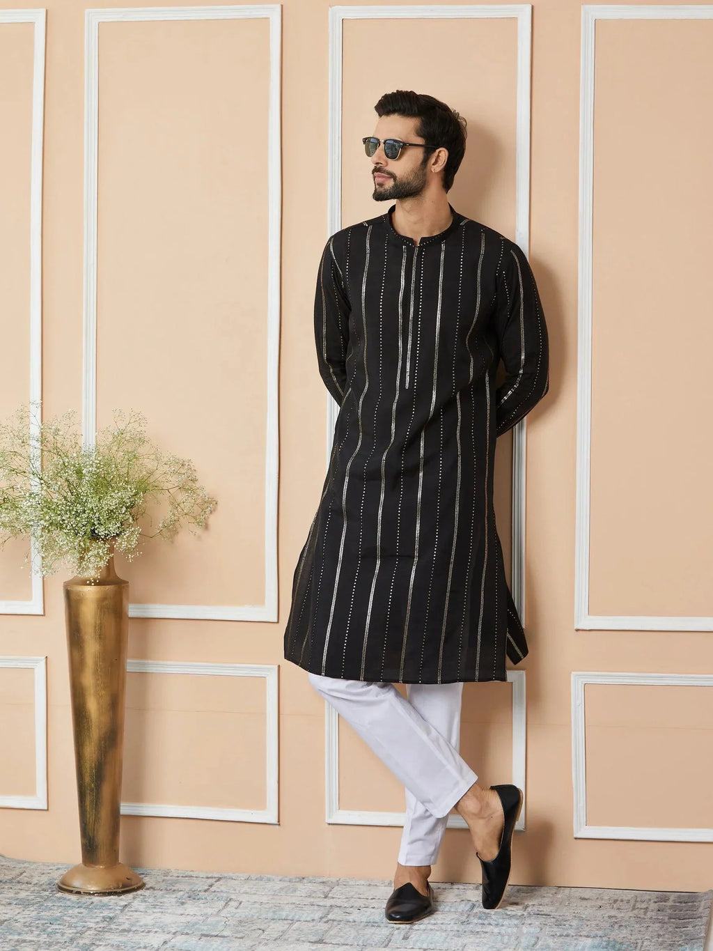 Fabmade Mandarin Collar Long Sleeves Sequined Straight Kurta | Grocsy
