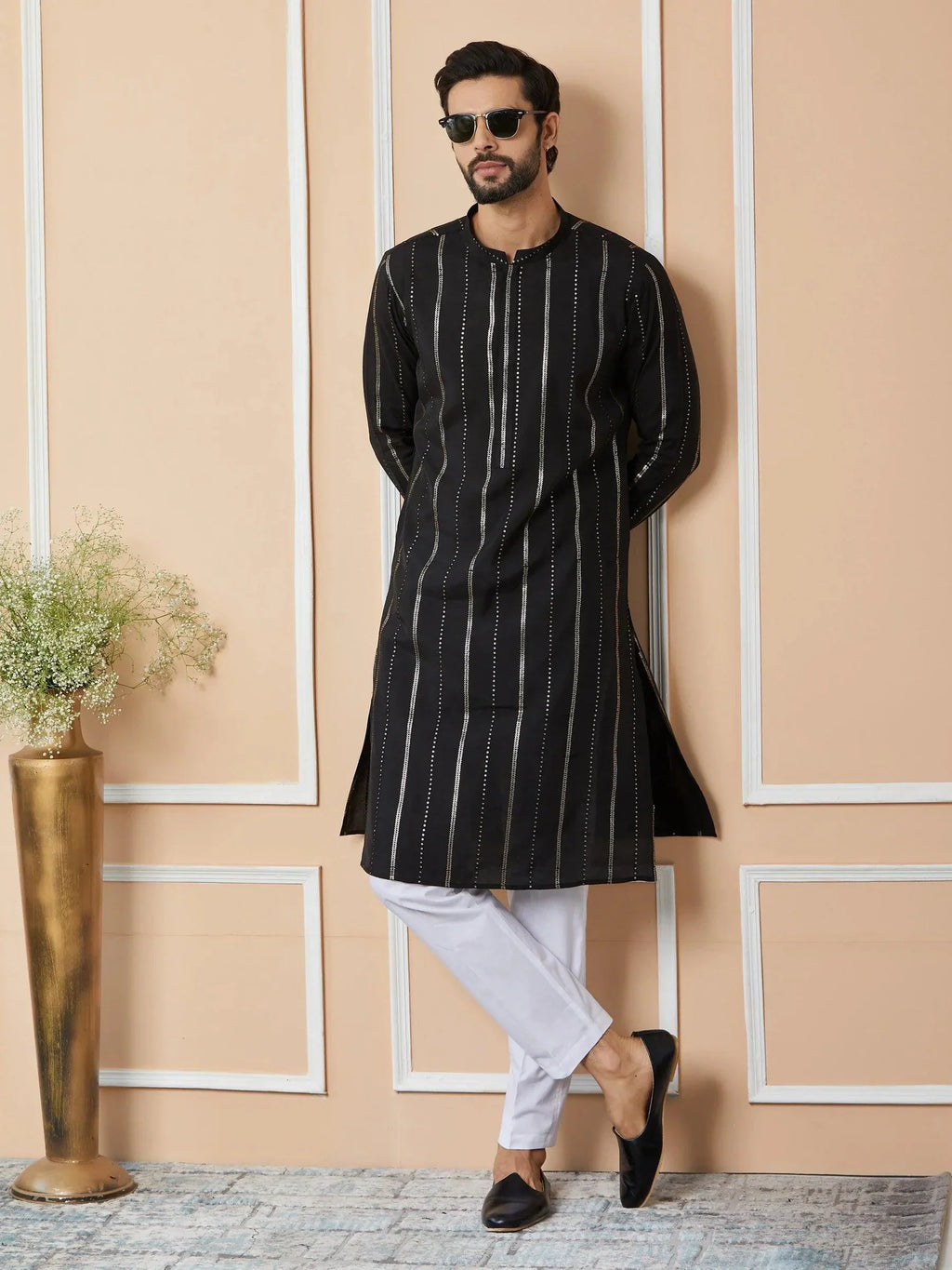 Fabmade Mandarin Collar Long Sleeves Sequined Straight Kurta | Grocsy