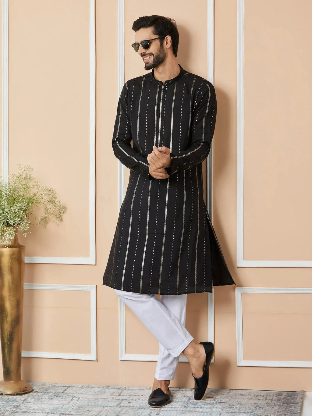 Fabmade Mandarin Collar Long Sleeves Sequined Straight Kurta | Grocsy