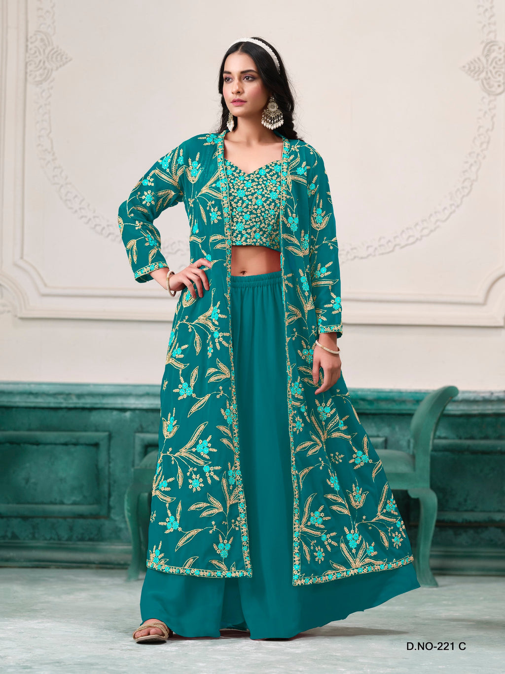 Anaita Turquoise Faux Georgette Sequins Embroidered Stitched Ethnic Suit | Grocsy