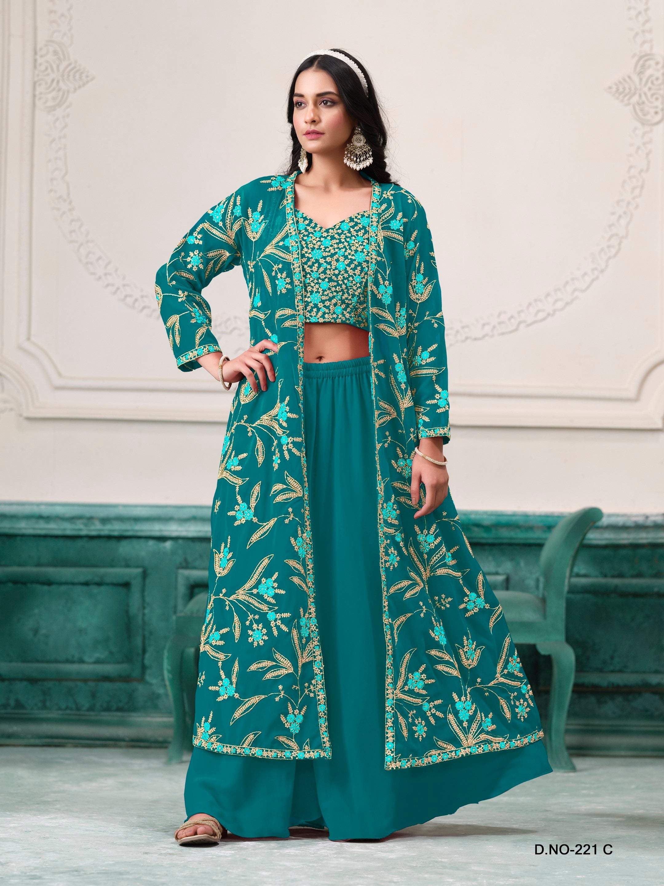 Anaita Turquoise Faux Georgette Sequins Embroidered Stitched Ethnic Suit | Grocsy
