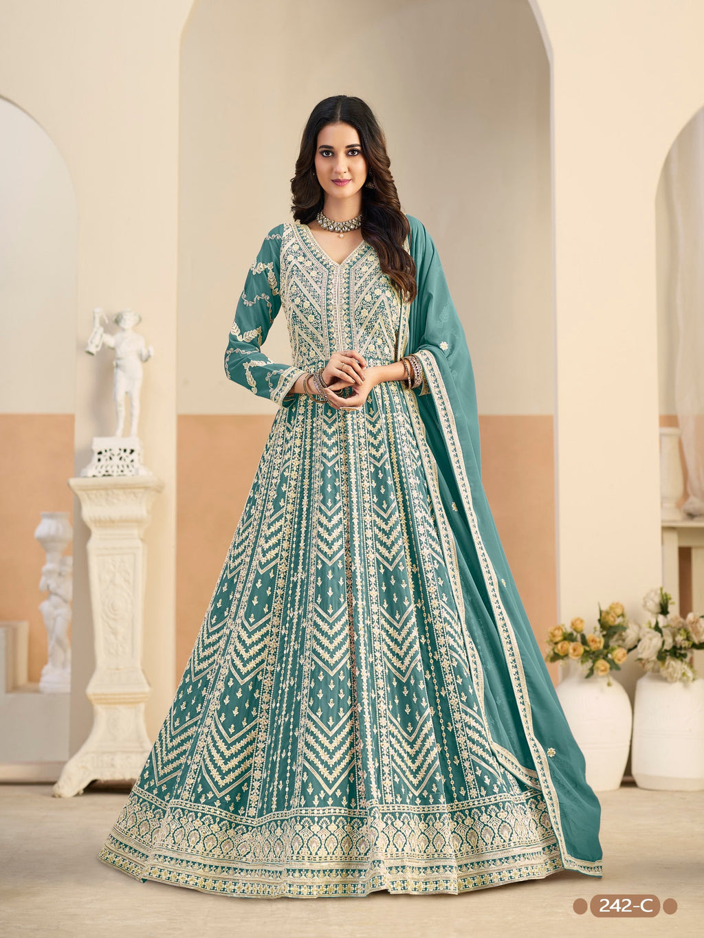 Anaita Light Blue Heavy Embroidered Faux Georgette Anarkali Suit With Salwar | Grocsy