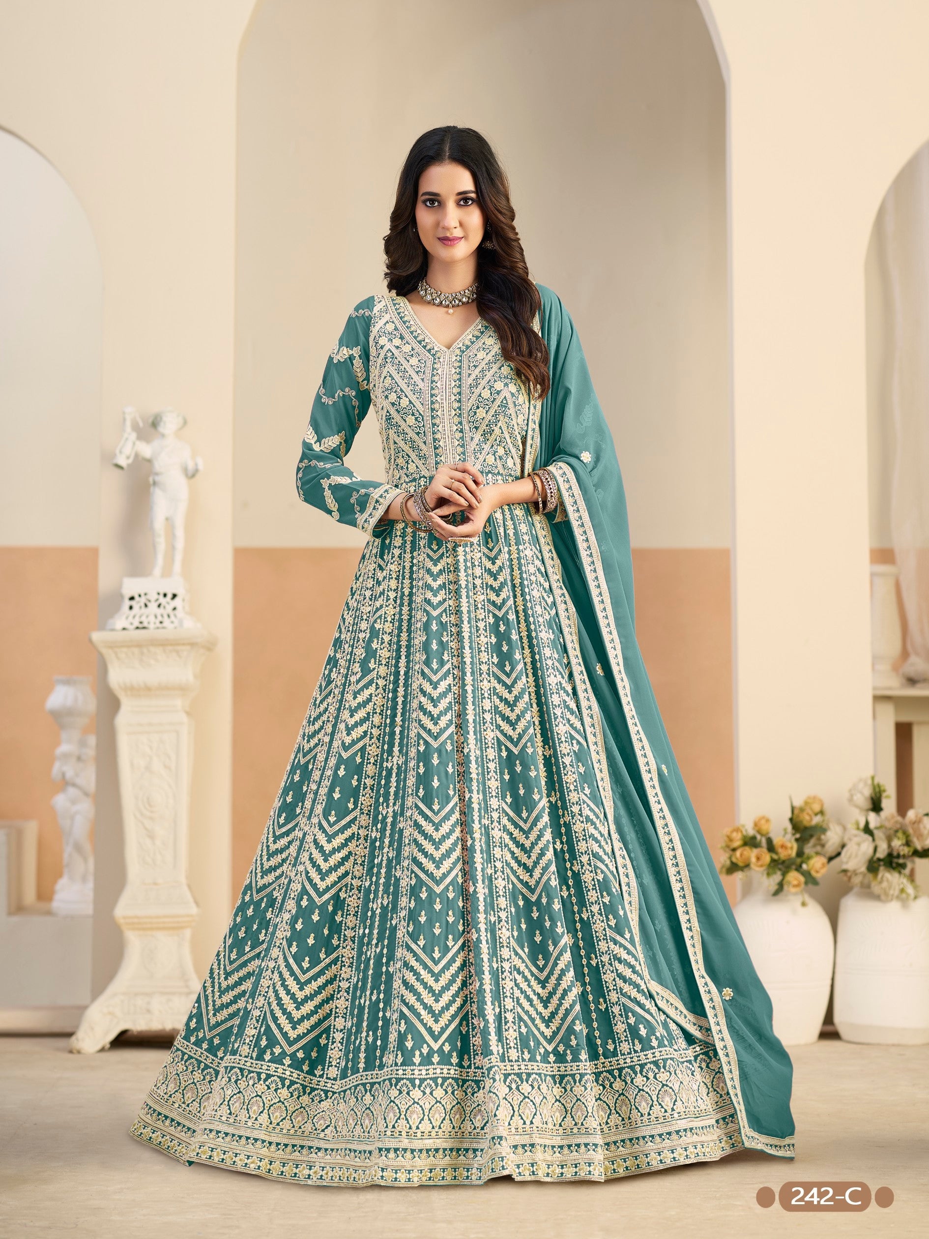 Anaita Light Blue Heavy Embroidered Faux Georgette Anarkali Suit With Salwar | Grocsy