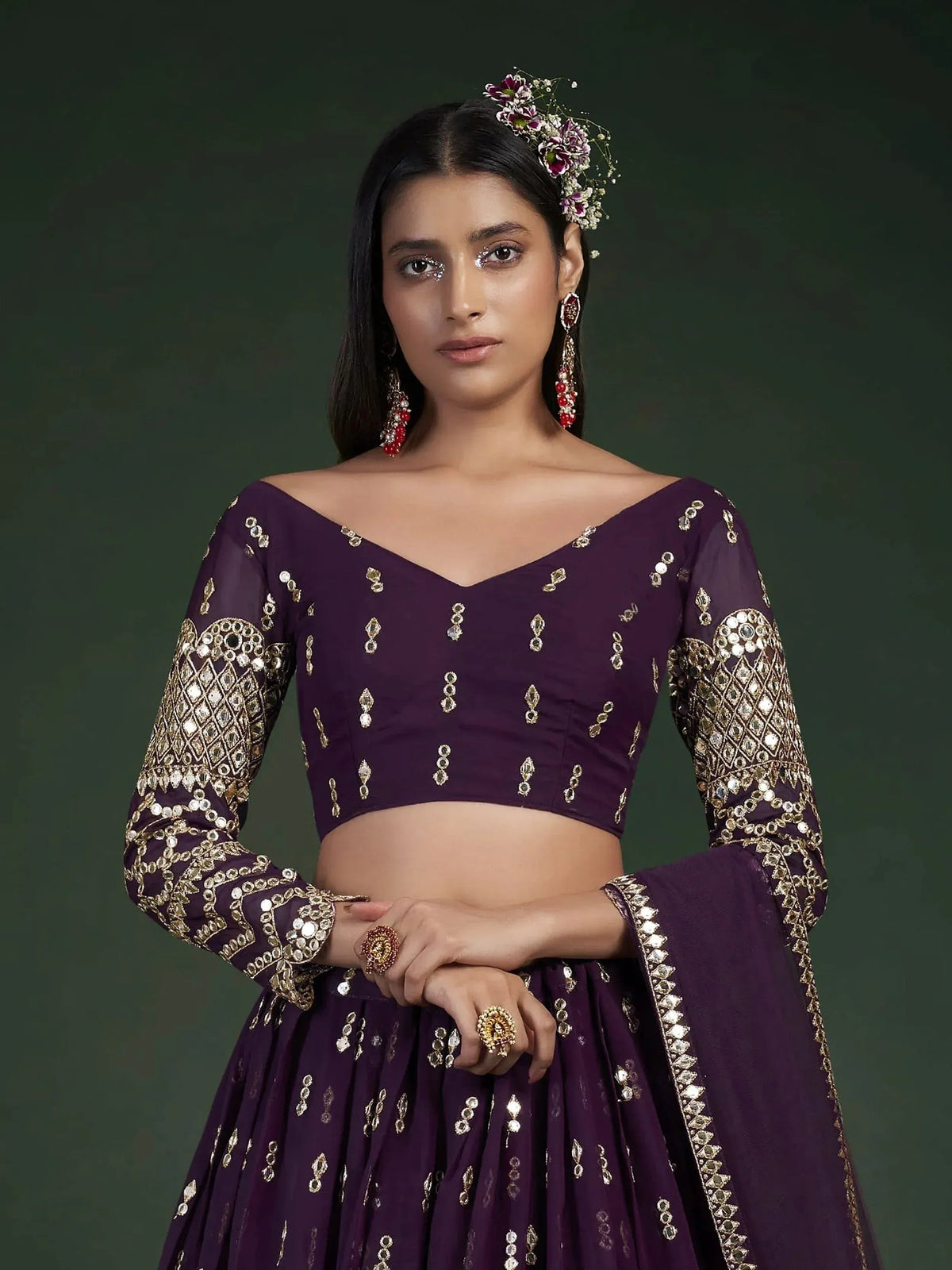 Tulsi Art Alluring Dark Purple Zari Work Georgette Wedding Wear Lehenga Choli | Grocsy