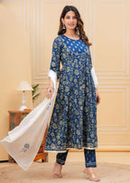 Jaimini Women Cotton Printed Round Neck Calf Length Flared Kurta Pant And Dupatta Set | Grocsy