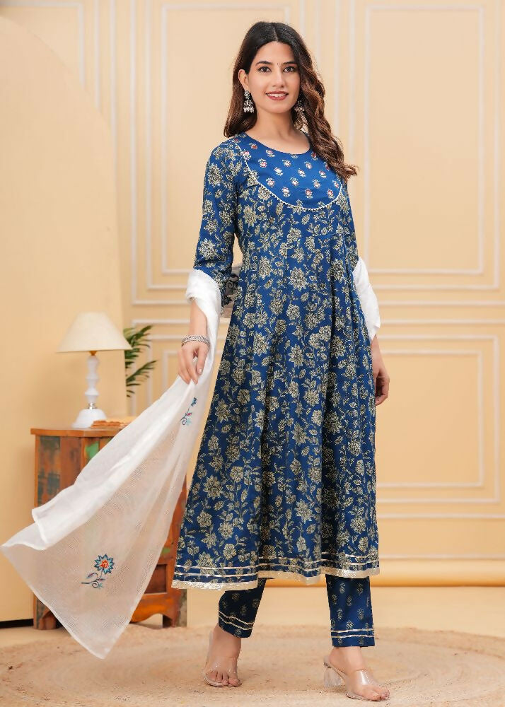 Jaimini Women Cotton Printed Round Neck Calf Length Flared Kurta Pant And Dupatta Set | Grocsy