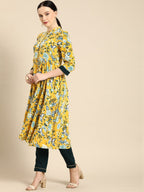 All About You Women Yellow Floral Print Regular Kurta with Trousers | Grocsy