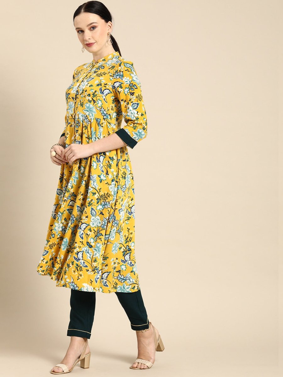 All About You Women Yellow Floral Print Regular Kurta with Trousers | Grocsy