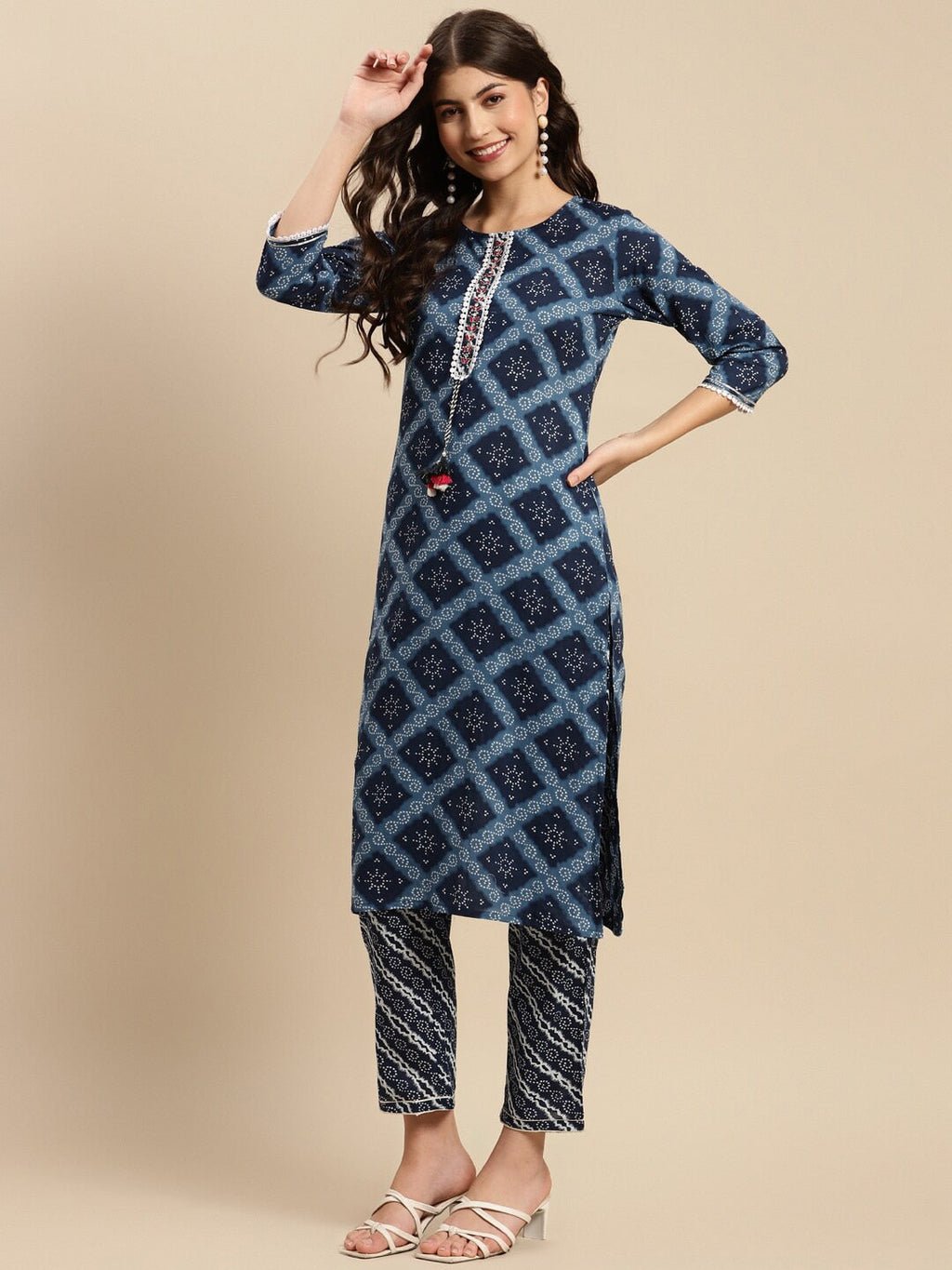 Sangria Indigo Blue Geometric Printed Pure-Cotton Straight Kurta With Trouser & Dupatta | Grocsy