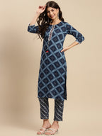 Sangria Indigo Blue Geometric Printed Pure-Cotton Straight Kurta With Trouser & Dupatta | Grocsy
