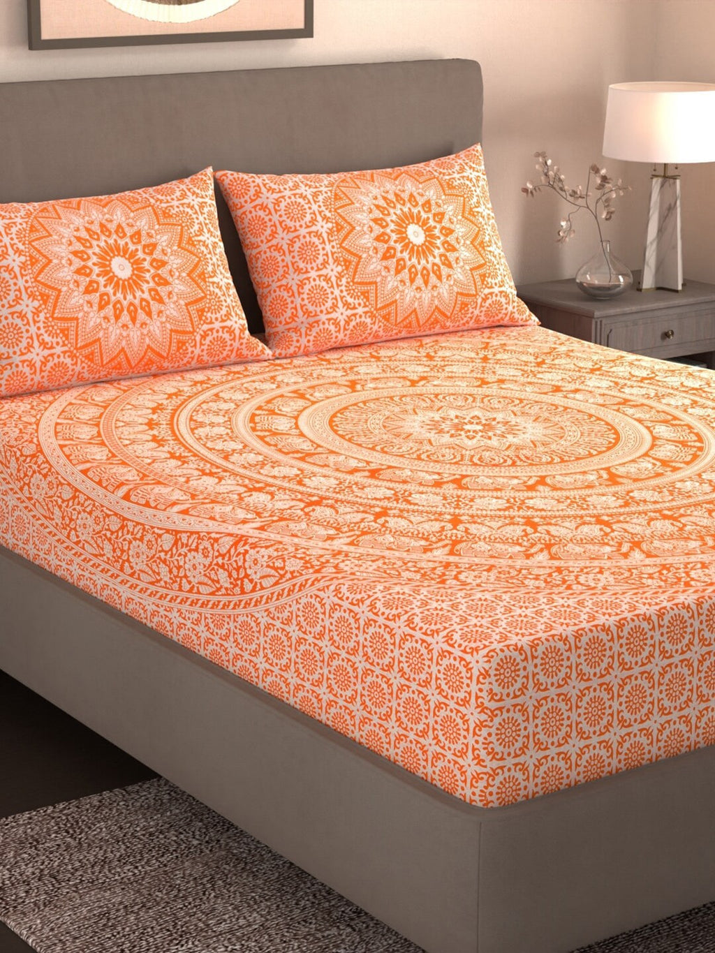Varde Orange & White Ethnic Motifs Cotton 210 TC King Bedsheet With 2 Pillow Covers | Grocsy
