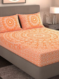 Varde Orange & White Ethnic Motifs Cotton 210 TC King Bedsheet With 2 Pillow Covers | Grocsy