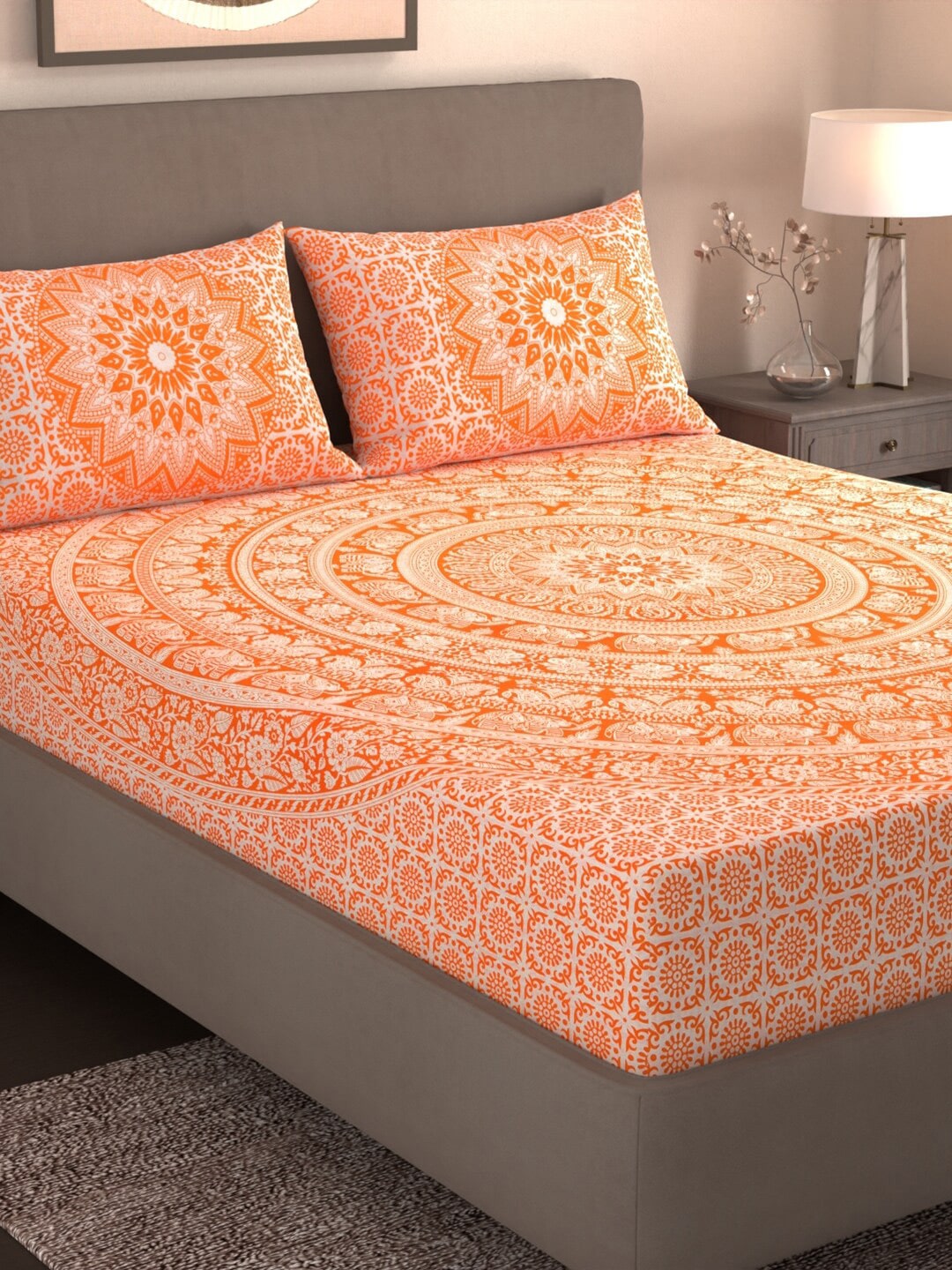 Varde Orange & White Ethnic Motifs Cotton 210 TC King Bedsheet With 2 Pillow Covers | Grocsy