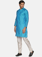 Sethukrishna Men Turquoise Blue Angrakha Kurta with Trousers | Grocsy