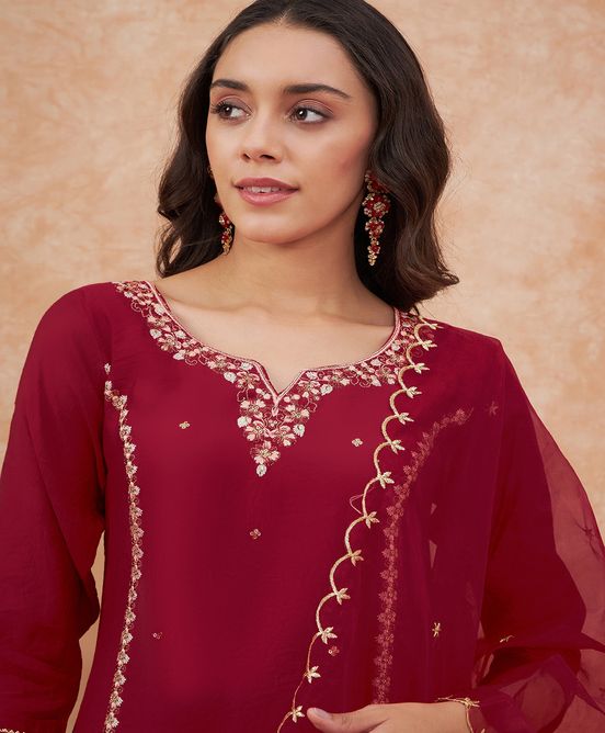 Sangria Maroon Floral Embroidered Straight Kurta With Trousers & Dupatta | Grocsy
