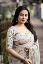 Grey Pure Linen Ethnic Motifs Saree with Unstitched Blouse - A2M | Grocsy