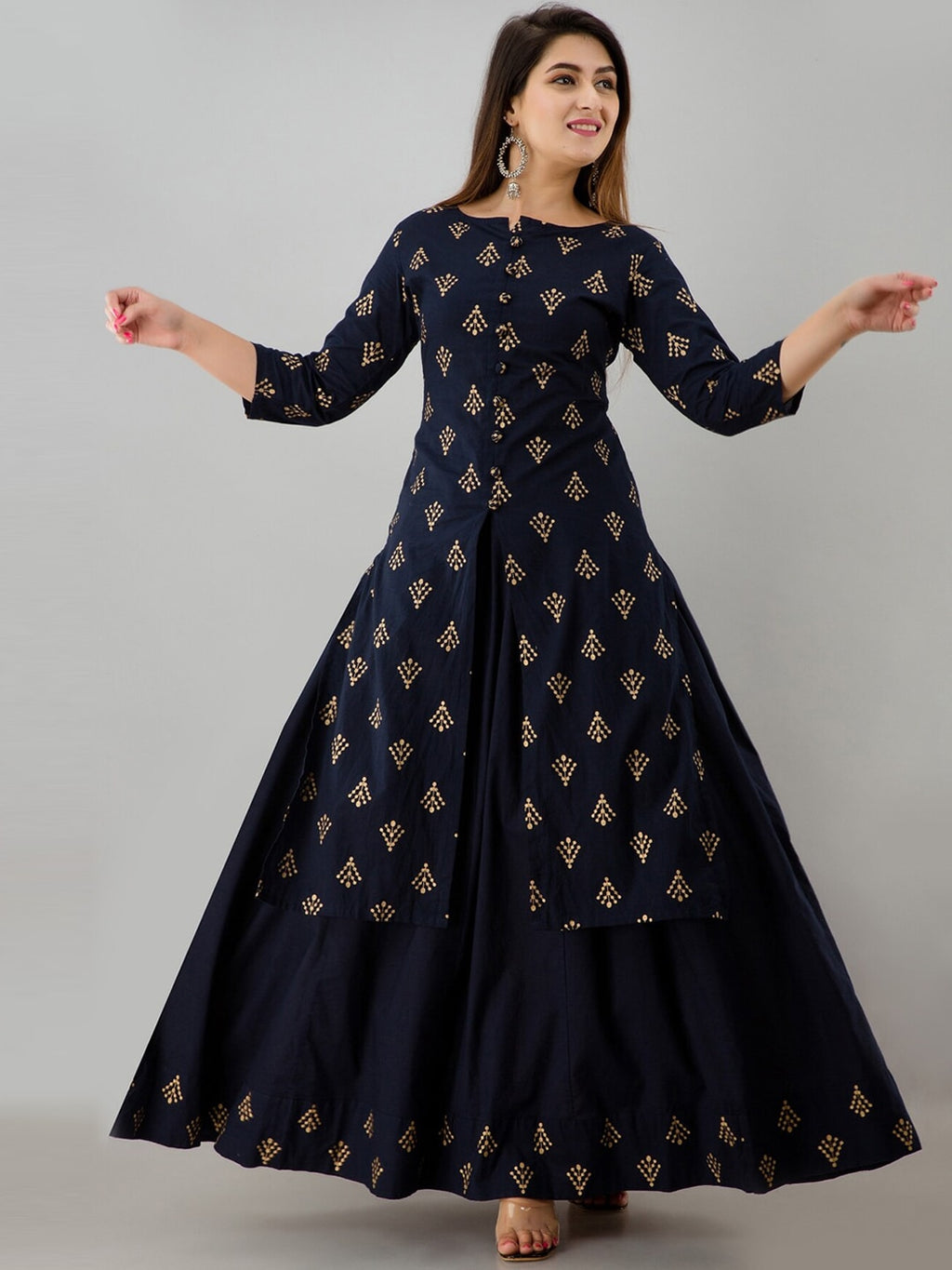 HERE&NOW Navy Blue & Gold-Toned Ethnic Motifs Printed Kurta with Skirt | Grocsy