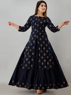 HERE&NOW Navy Blue & Gold-Toned Ethnic Motifs Printed Kurta with Skirt | Grocsy