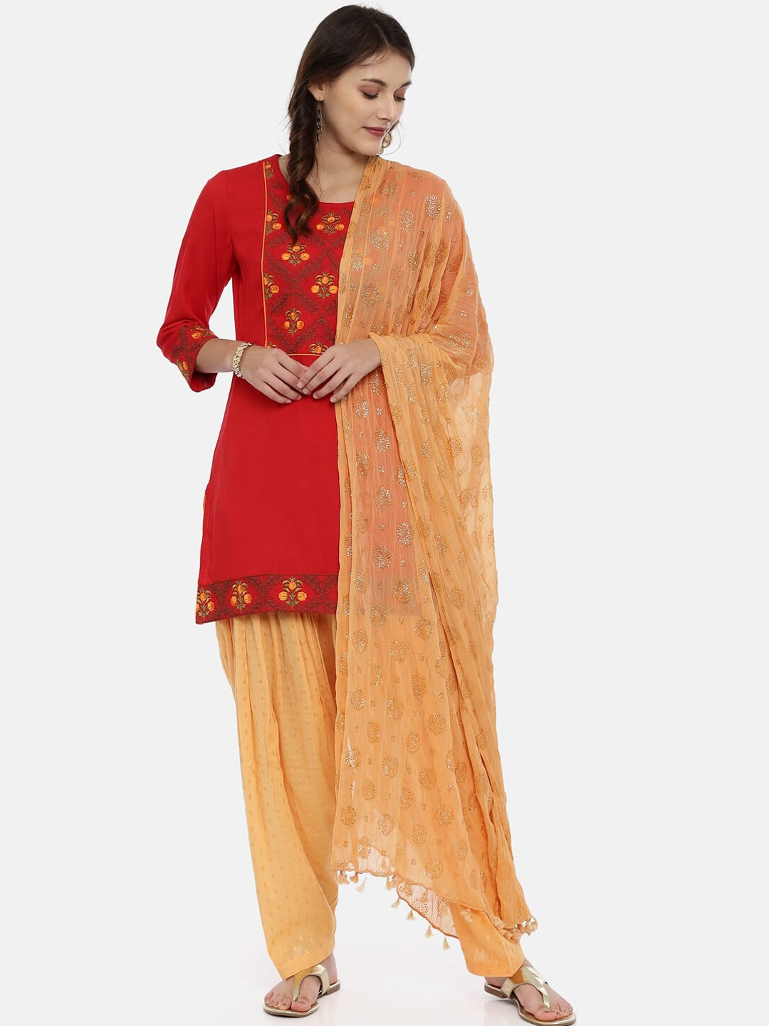 Souchii Beige & Gold Foil Print Dupatta with Tasselled Border | Grocsy