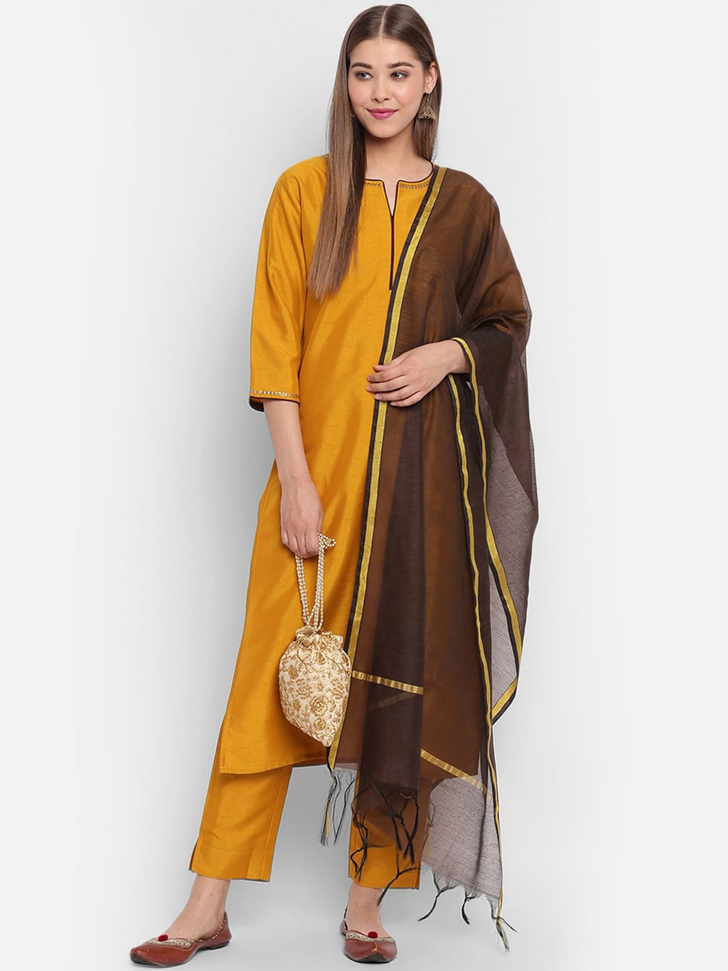 Janasya Women Mustard Yellow & Brown Solid Kurta with Trousers & Dupatta | Grocsy