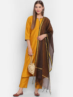 Janasya Women Mustard Yellow & Brown Solid Kurta with Trousers & Dupatta | Grocsy