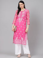 ADA Women Pink & White Sheer Chikankari Embroidered Straight Handloom Kurta with Inner | Grocsy