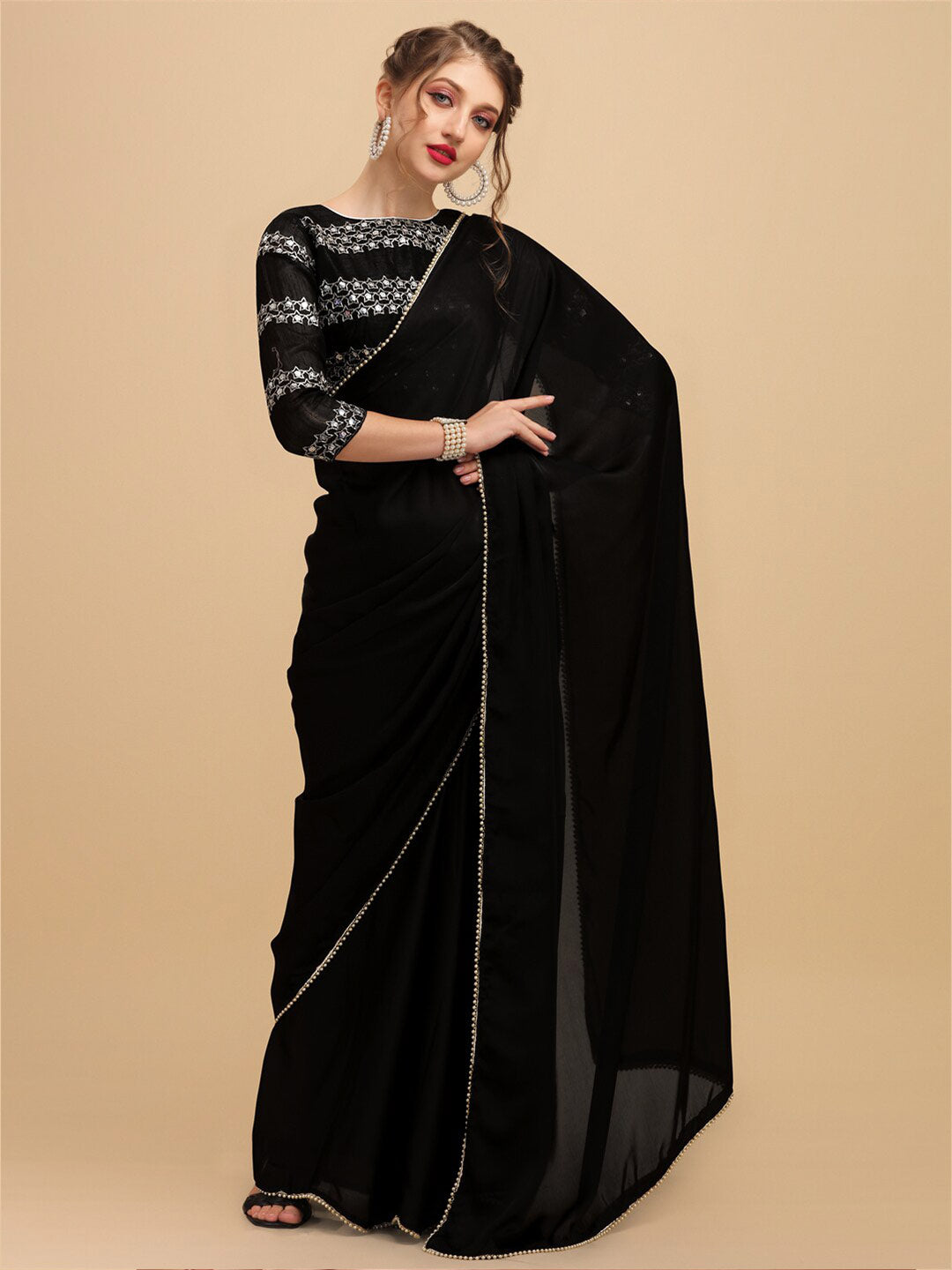 Sangria Pearl Border Detail Saree With Embroidered Blouse | Grocsy