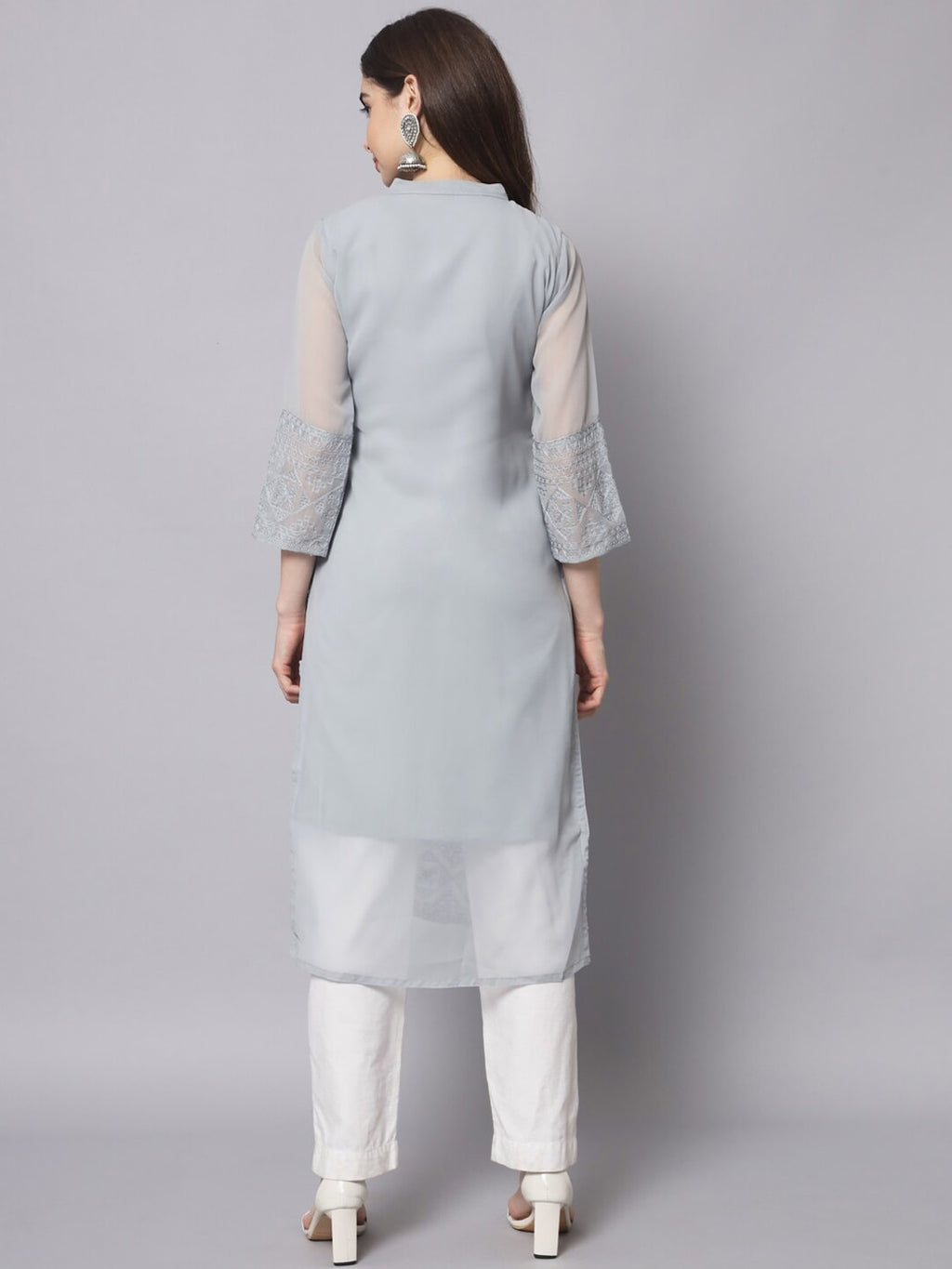 HERE&NOW Women Grey Ethnic Motifs Embroidered Thread Work Georgette Kurta | Grocsy