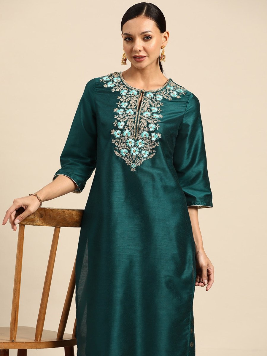 All About You Ethnic Motifs Embroidered Yoke Design Regular Sequinned Kurta with Palazzos | Grocsy