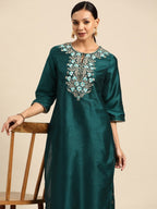 All About You Ethnic Motifs Embroidered Yoke Design Regular Sequinned Kurta with Palazzos | Grocsy