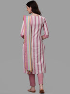 HERE&NOW Pink & White Striped Pure Cotton Kurta With Trousers & Dupatta | Grocsy