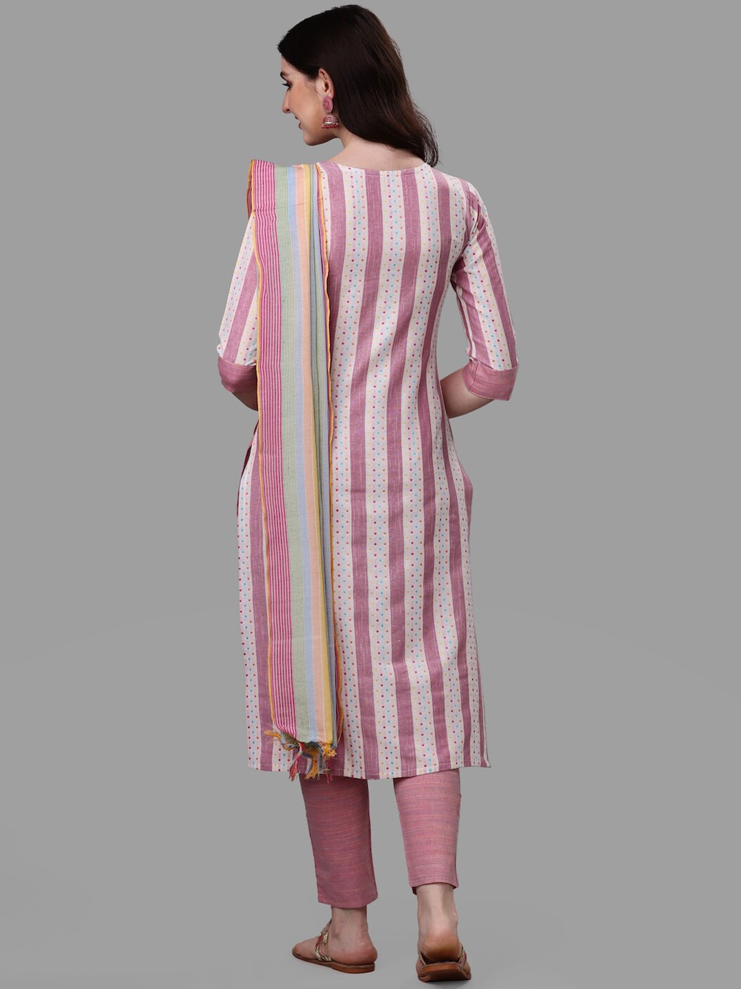 HERE&NOW Pink & White Striped Pure Cotton Kurta With Trousers & Dupatta | Grocsy