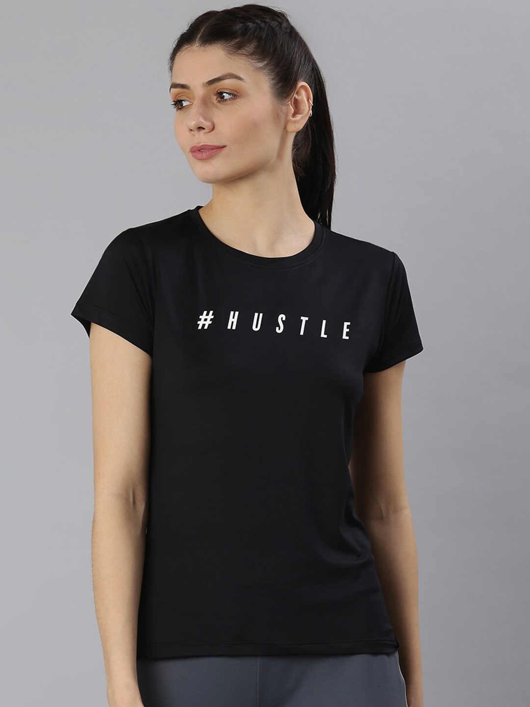 MKH Women Black Typography Printed Dri-FIT Sports T-shirt | Grocsy