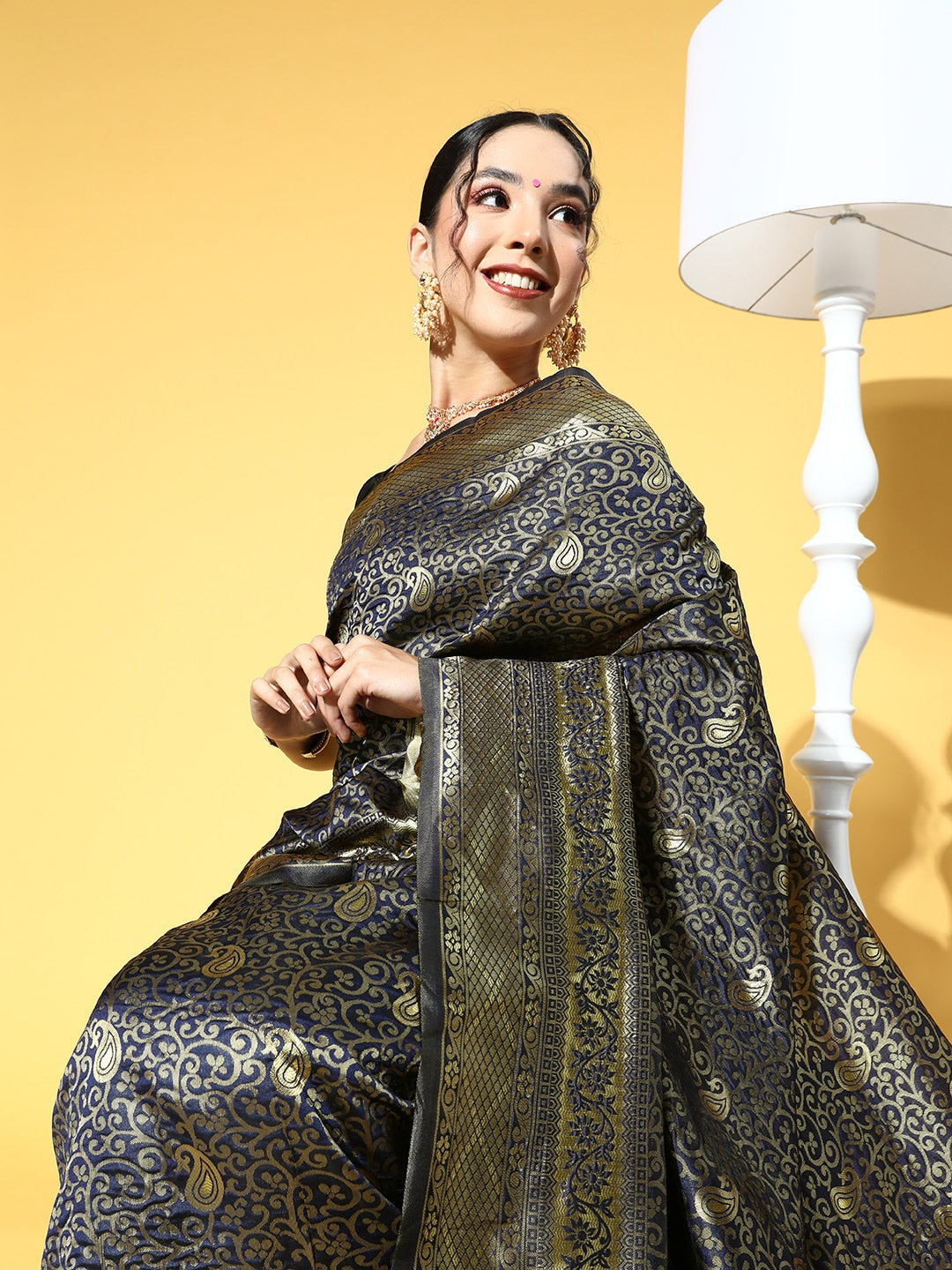 Saree Mall Navy Blue & Gold-Toned Ethnic Motifs Zari Silk Blend Banarasi Sarees | Grocsy