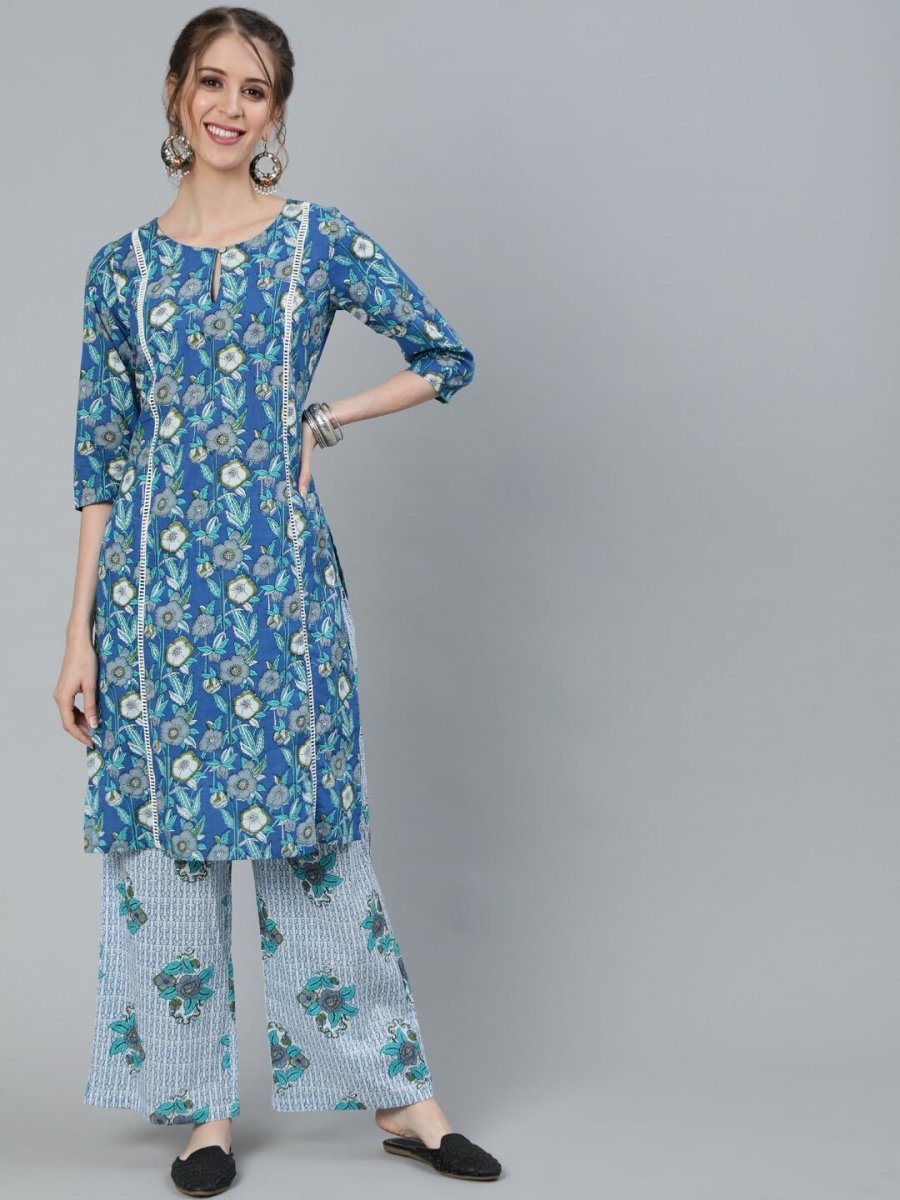Aks Floral Printed Keyhole Neck Pure Cotton Kurta With Palazzos | Grocsy