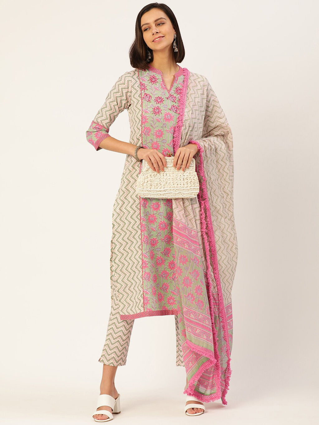 HERE&NOW Women Beige Floral Printed Kurta with Trousers & With Dupatta | Grocsy