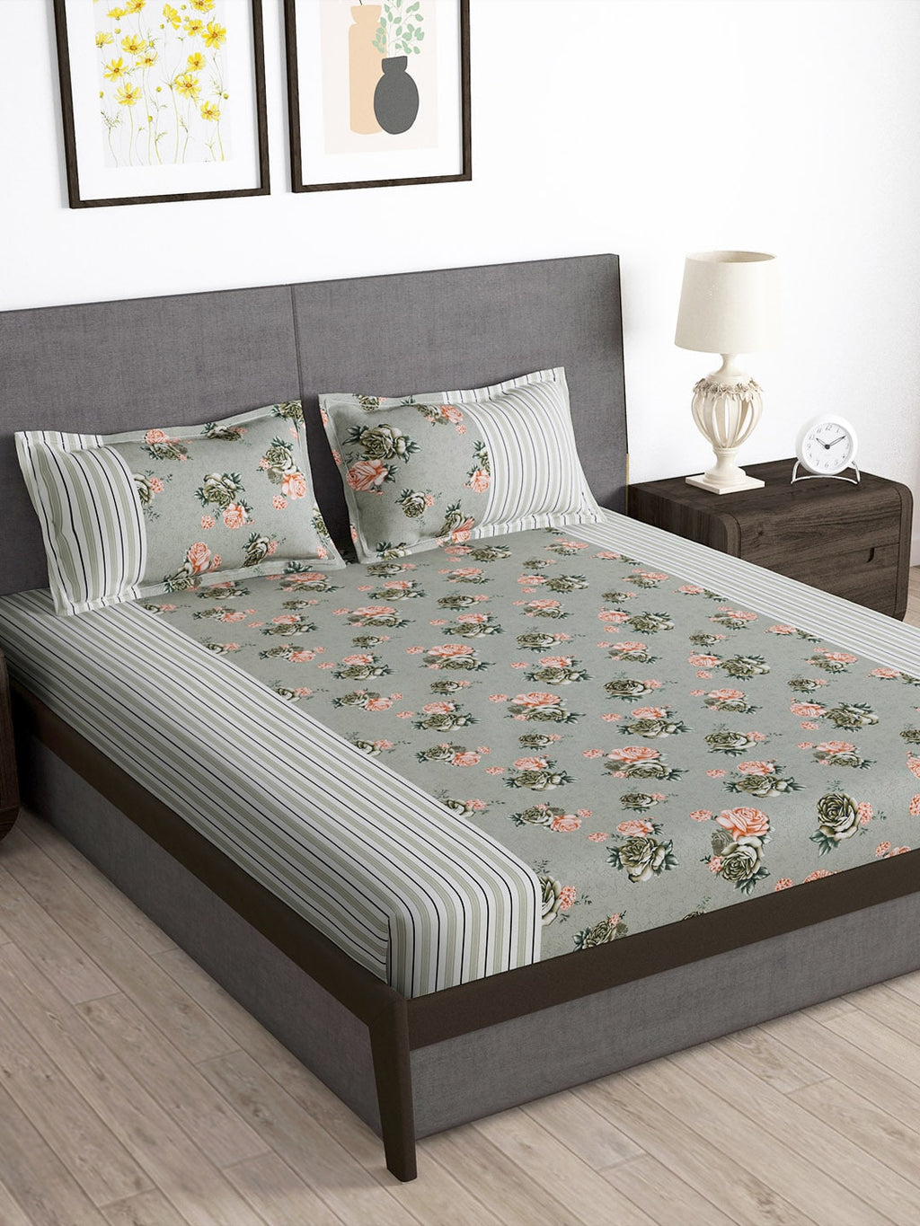 Story@home Arena Grey & Pink Floral Printed 180 TC Bedsheet & Pillow Covers | Grocsy